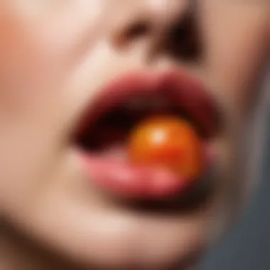 Detailed observation of a red spot on the lower lip Close-up view of red spot on lower lip