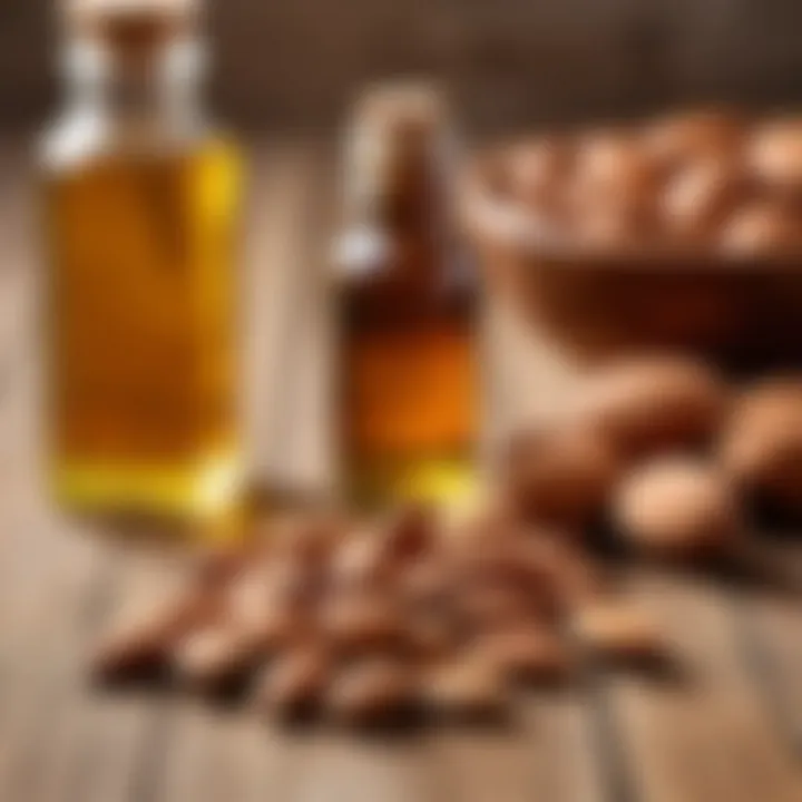 Almonds and a small bottle of almond oil on a wooden surface