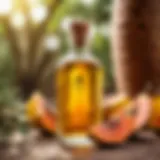 A close-up of baobab oil in a glass bottle surrounded by baobab fruit.