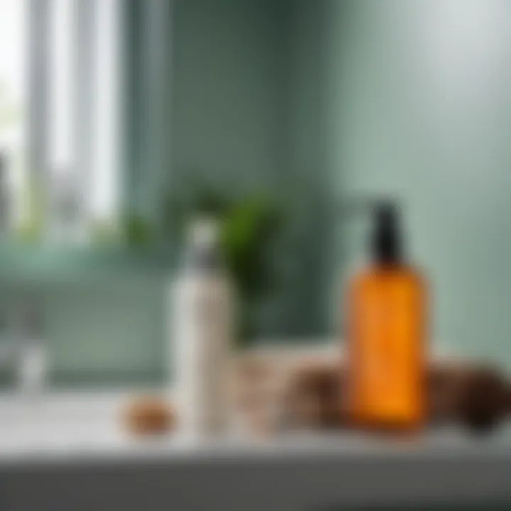 A serene bathroom setting featuring products for healthy hair care