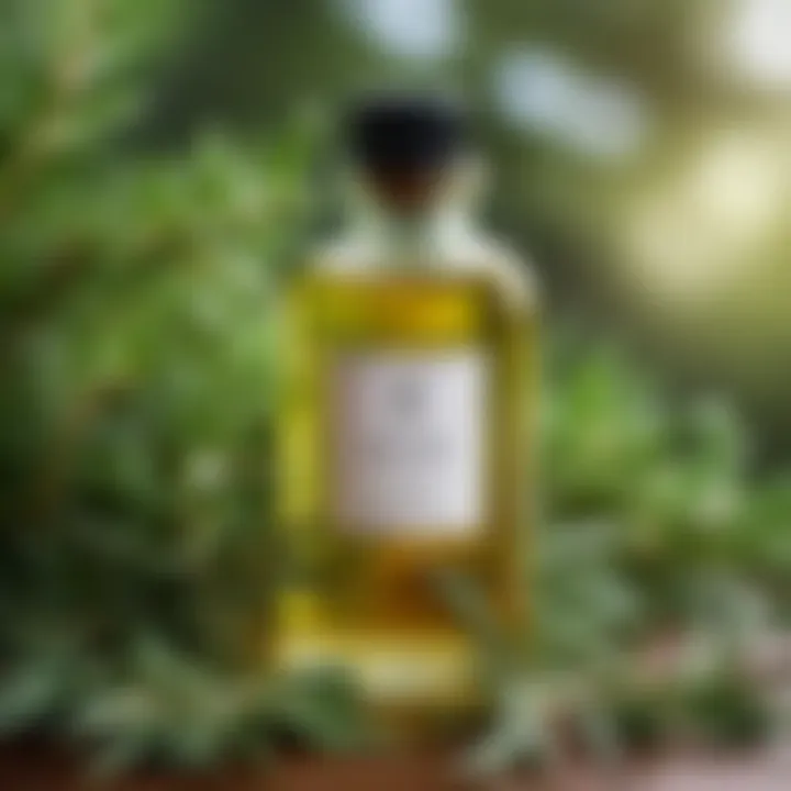 An elegant bottle of rosemary oil with a background of lush rosemary plants