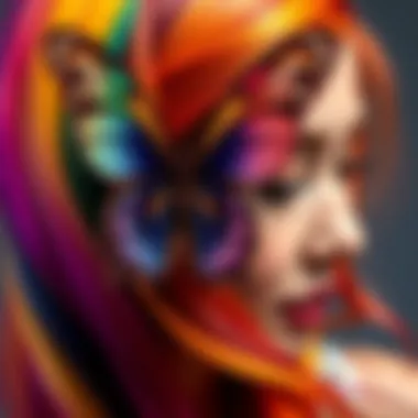 Close-up of butterfly hairstyle with vibrant hair colors