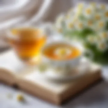 An elegant teacup with steaming chamomile tea and a book