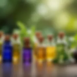 A variety of essential oils displayed in glass bottles