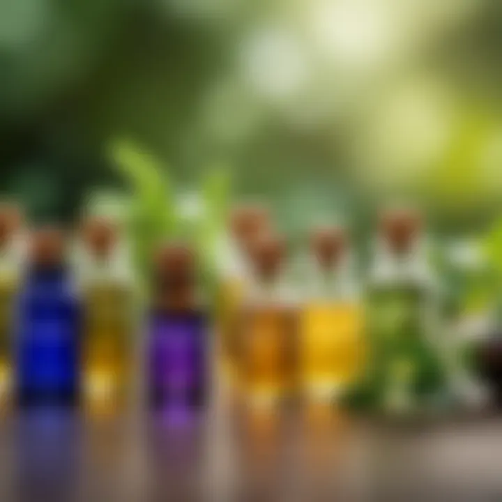 A variety of essential oils displayed in glass bottles