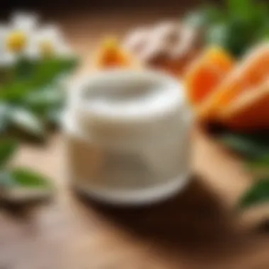 Moisturizing Cream Selection A close-up of a moisturizing cream jar on a wooden surface surrounded by natural ingredients.