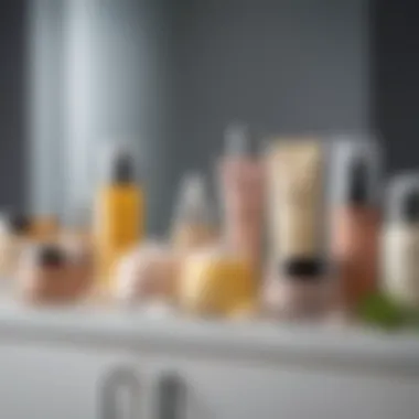 An assortment of creams categorized by skin type displayed on a vanity.