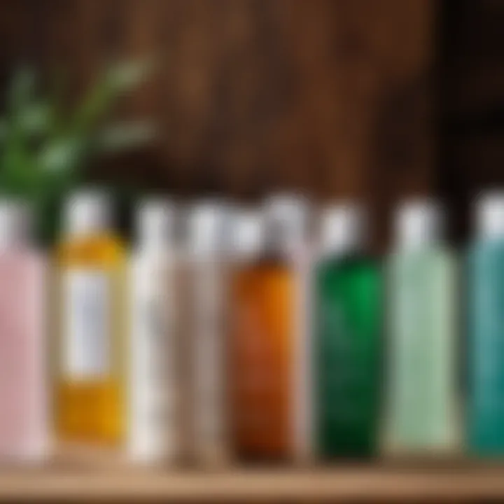 A serene display of various toner bottles on a natural wooden surface, highlighting their diverse packaging.