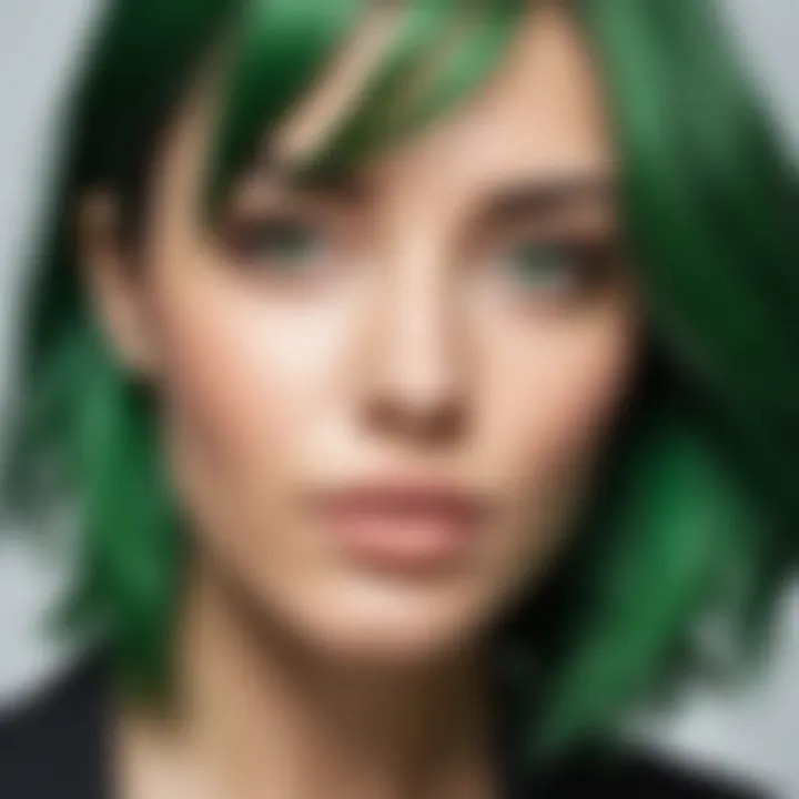 Close-up of green hair dye applications on vibrant hair strands