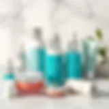 An elegant arrangement of color-correcting skincare products on a marble surface.