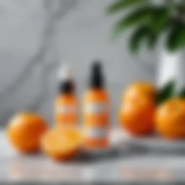 Fresh oranges and vitamin C serum on a marble countertop