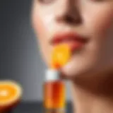 Close-up of vitamin C serum bottle with orange accents