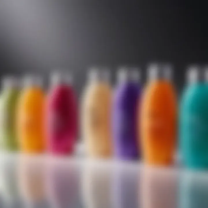 A close-up of various shampoo bottles showcasing diverse formulas