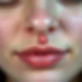 Close-up of a skin area showing acne on the upper lip