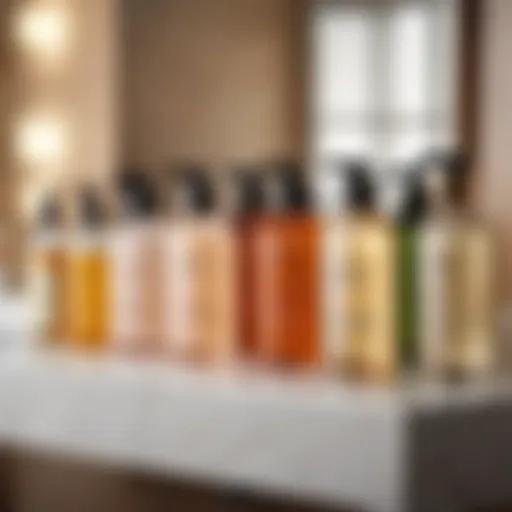 A serene bathroom counter displaying various skin tonics in elegant bottles.