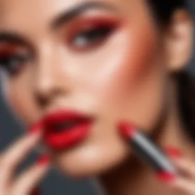 Close-up of a model applying lipstick that complements her dark complexion