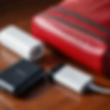 A portable charger alongside tech accessories