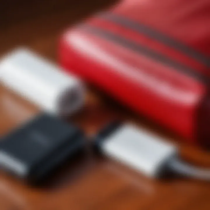 A portable charger alongside tech accessories