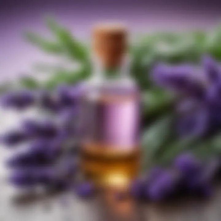 Close-up of lavender essential oil with fresh lavender sprigs