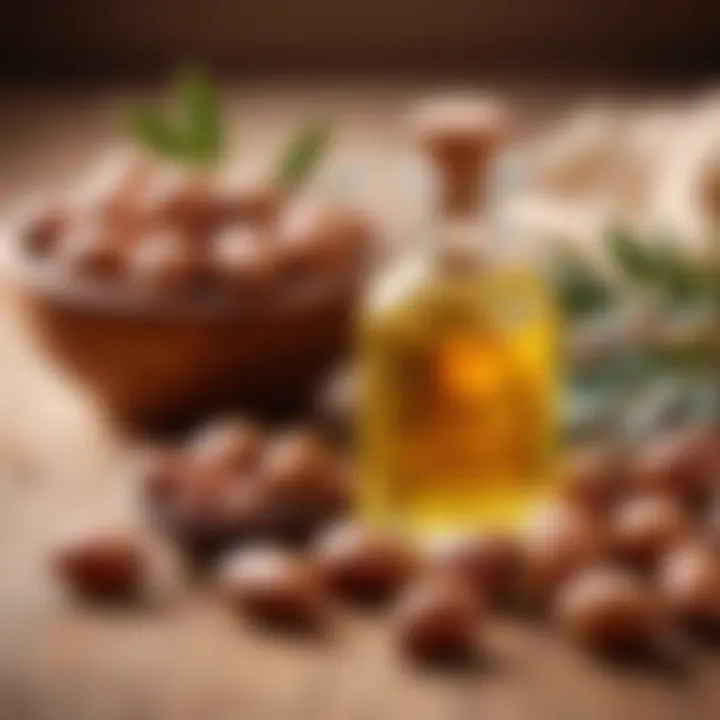 An elegant arrangement of argan oil and argan nuts, showcasing the luxury and benefits of this oil for hair vitality.