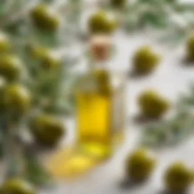 A bottle of olive oil surrounded by fresh olives showcasing its natural essence.