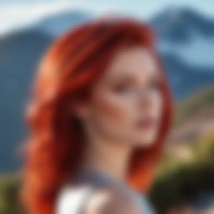 Fashionable cold red hairstyle against a scenic backdrop