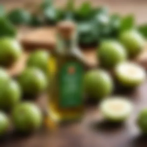 A close-up view of Dabur Amla Oil in a glass bottle surrounded by fresh Amla fruits