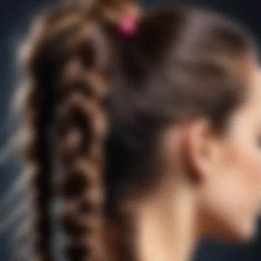 A close-up of the two-ponytail hairstyle showcasing intricate hair ties and sections.