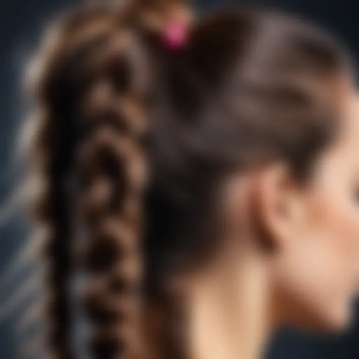 A close-up of the two-ponytail hairstyle showcasing intricate hair ties and sections.