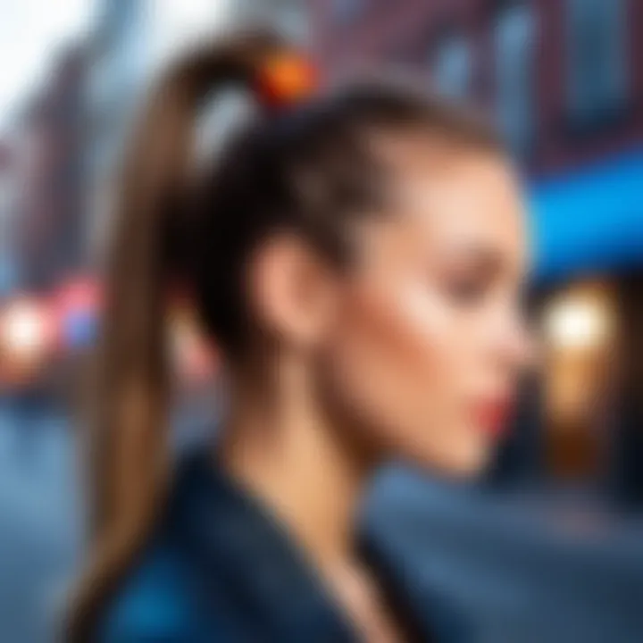 A model sporting a trendy two-ponytail hairstyle in a vibrant urban setting.