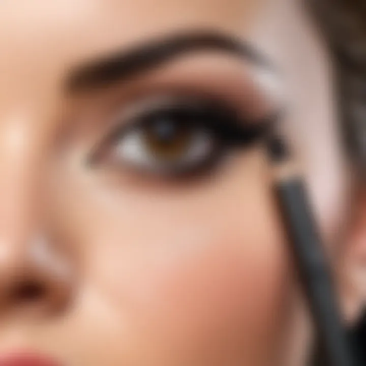 Demonstration of eyeliner application on a model's eye.