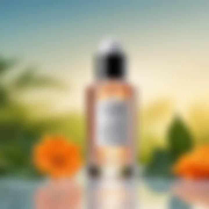 Close-up of a glycolic acid tonic bottle against a serene background