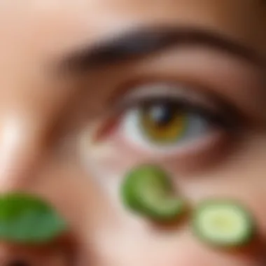 A serene setting showcasing natural remedies like cucumber slices and tea bags for eye care.