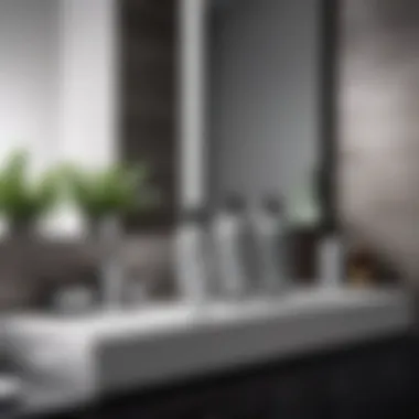 An elegant bathroom setting featuring hair care products for gray hair