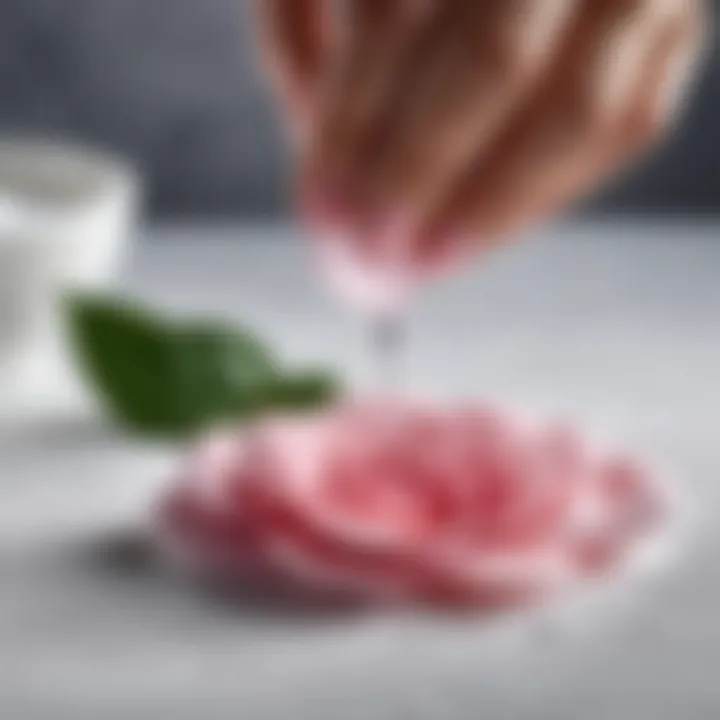 Close-up of rose water being applied onto a cotton pad, ready for skincare use.