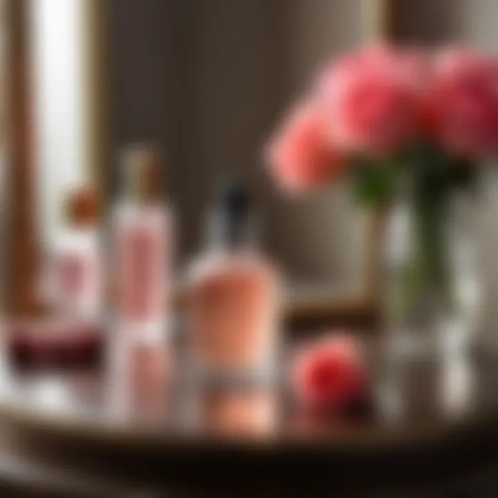 An elegant vanity table featuring various skincare items alongside a vintage bottle of rose water.