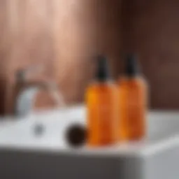 A serene bathroom setting with luxurious hair care products displayed elegantly.