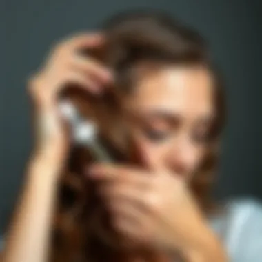 Woman applying serum to her hair with a glossy finish