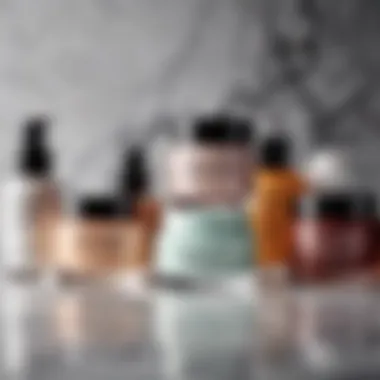 A close-up of various skincare creams arranged aesthetically on a marble surface.