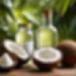 A bottle of coconut oil surrounded by fresh coconuts