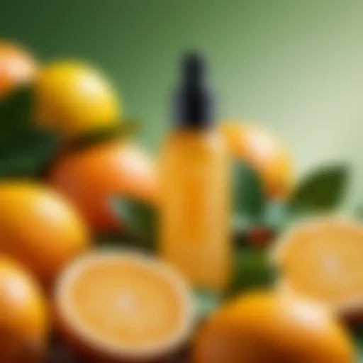 A vibrant serum bottle surrounded by fresh citrus fruits, emphasizing the natural ingredients