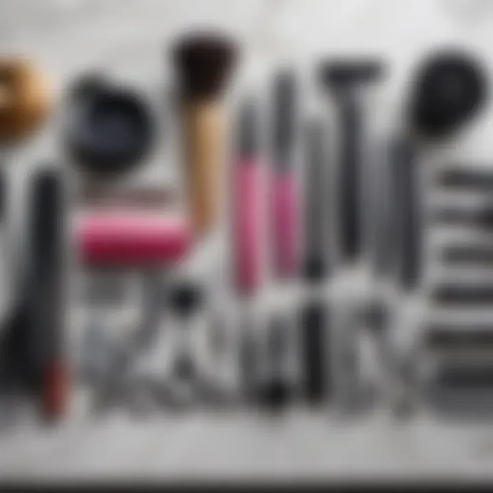 Various hair styling tools organized attractively on a countertop.