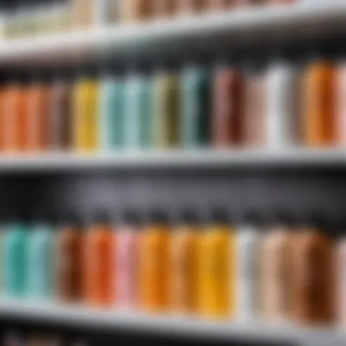 Different types of hair growth shampoos arranged on a shelf