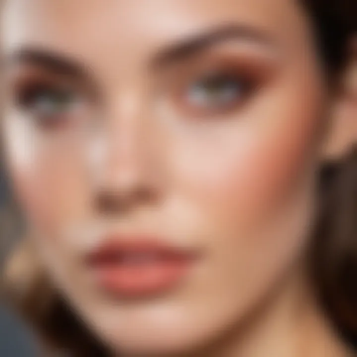 Close-up of a natural makeup look emphasizing glowing skin and subtle tones