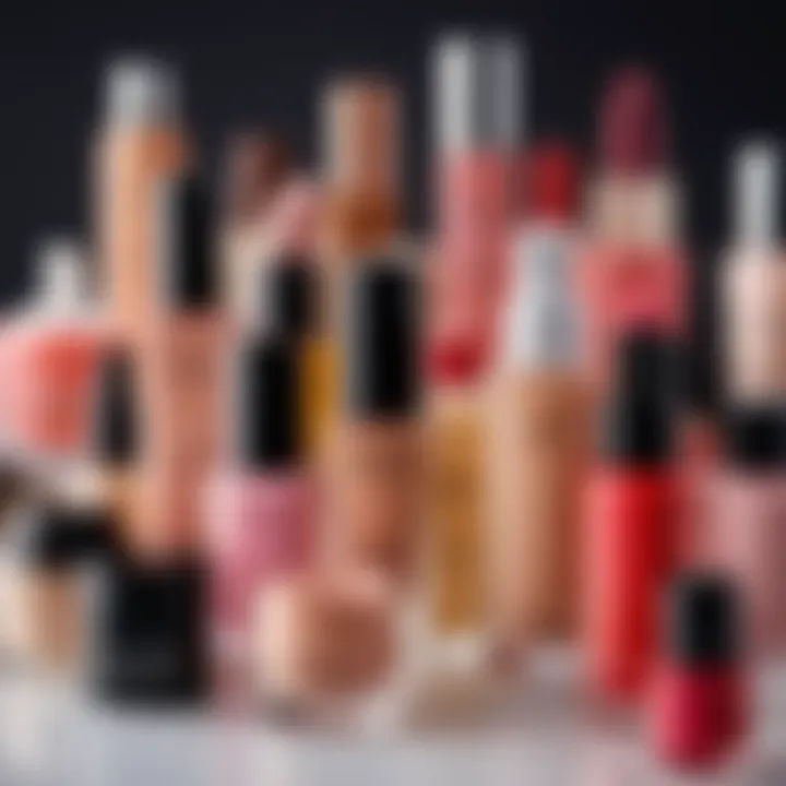 Selection of makeup products tailored for different skin types displayed artistically