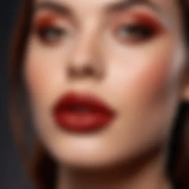 Trendy makeup with terracotta lipstick in a chic setting.