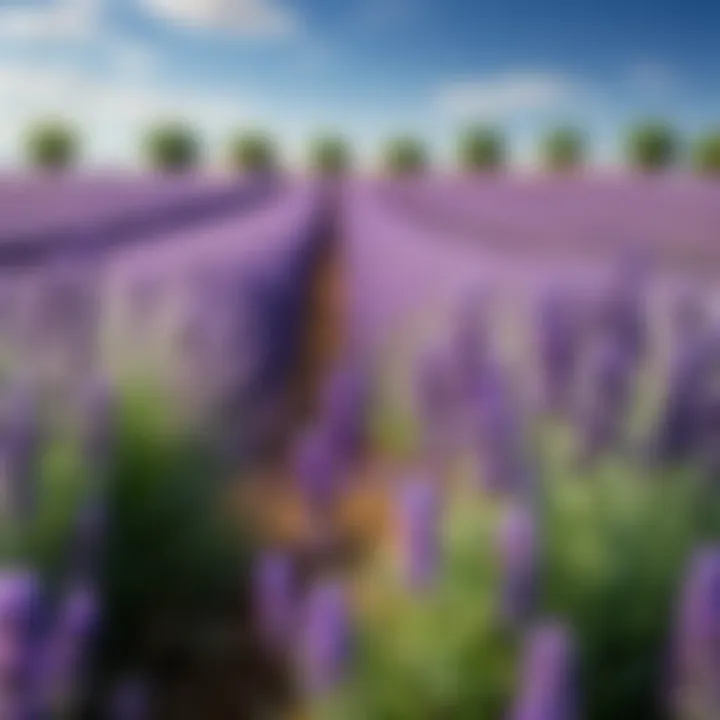 Lavender plants in a field under a blue sky