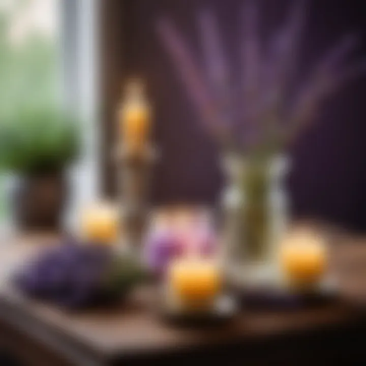 An elegant arrangement of lavender sprigs and oil with aromatic candles