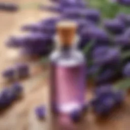 Lavender oil in a glass bottle with lavender flowers