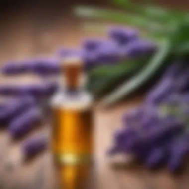 Essential lavender oil bottle with fresh sprigs nearby